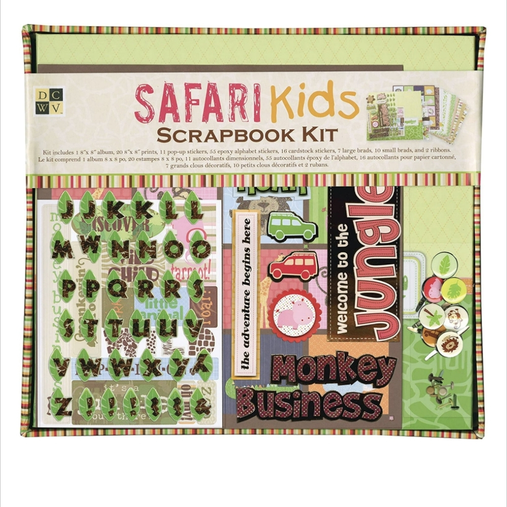 DCWV Safari Kids NWT Scrapbook Album & Kit w/ Paper, Stickers, Brads, Ribbon